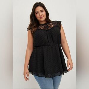 Torrid Peplum Chiffon Clip Dot Crochet Trim black Top size 4X